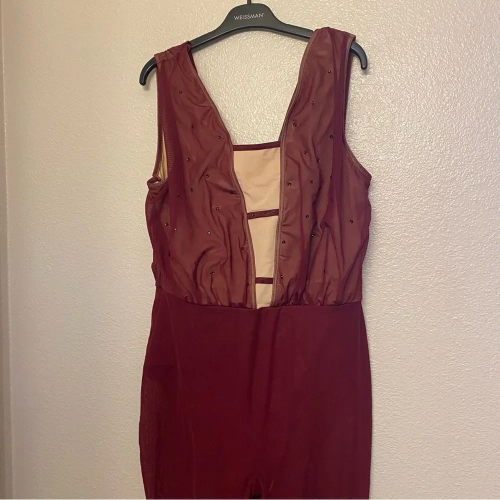 WEISSMAN Dance Costume Burgundy red jumpsuit Mesh Cropped Unitard SM11090  XLA